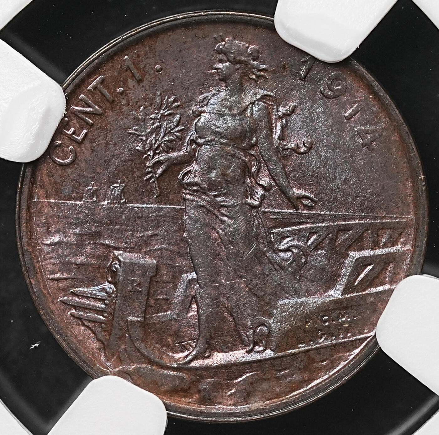 修遠堂世界钱币第106期，请看参拍说明 NGC MS63BN 1914年意大利1分铜币