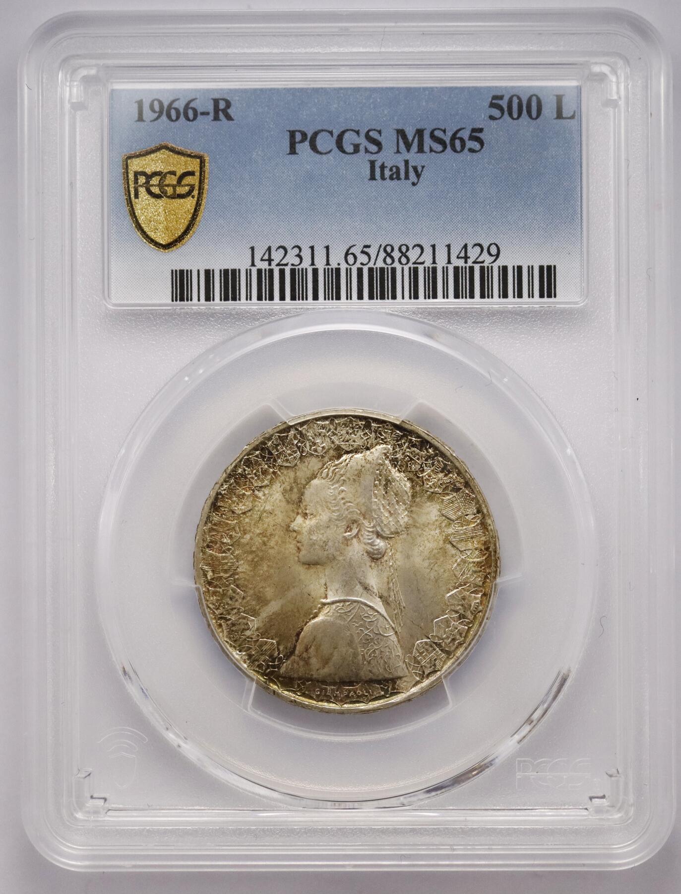 观钱近现代机制币拍卖No.003  大利 1966 年 “联合国日” 500 里拉银币 PCGS MS65