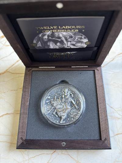 第193期拍卖 - 纽埃2023年大力神海格力斯驯服克里特公牛仿古2盎司银币，999银，发行500枚