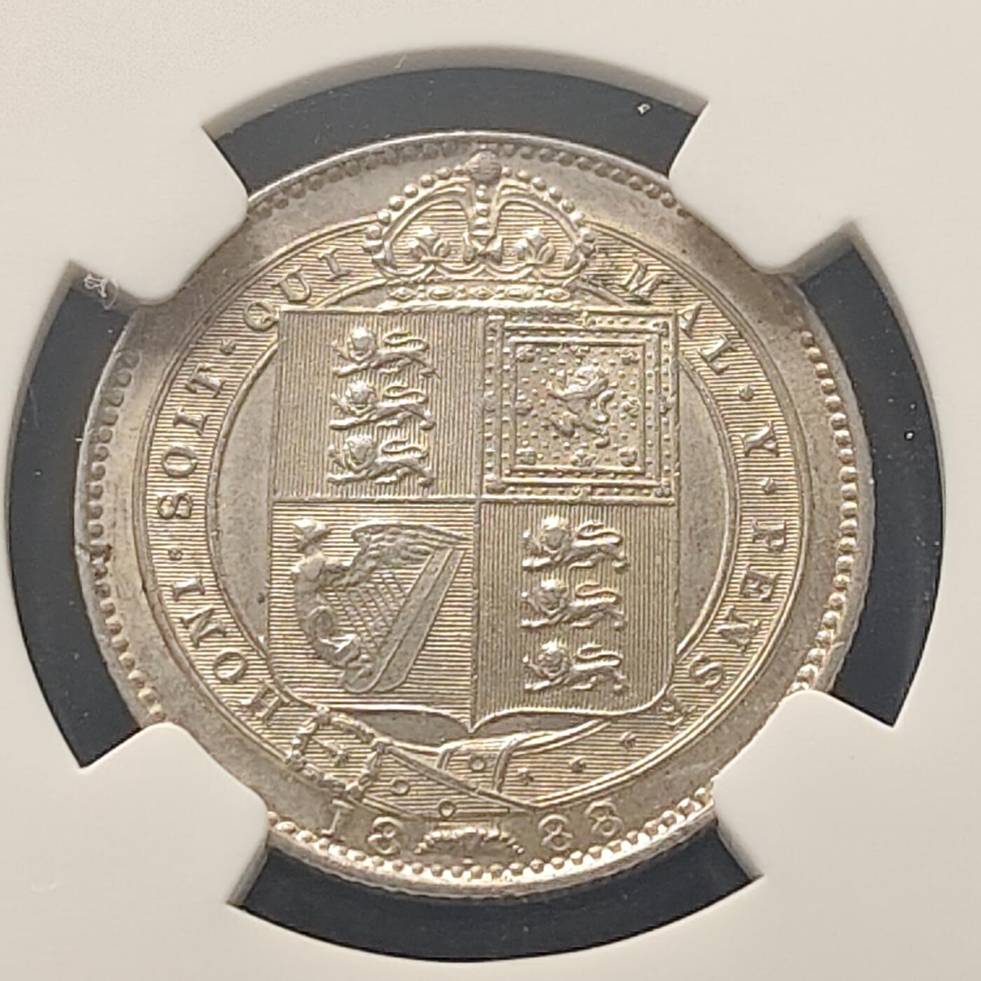 【全场包邮】纯粹捡漏拍511场 【骑字】英国1888/7年高冠维多利亚女王骑字1先令银币-NGC AU DETAILS