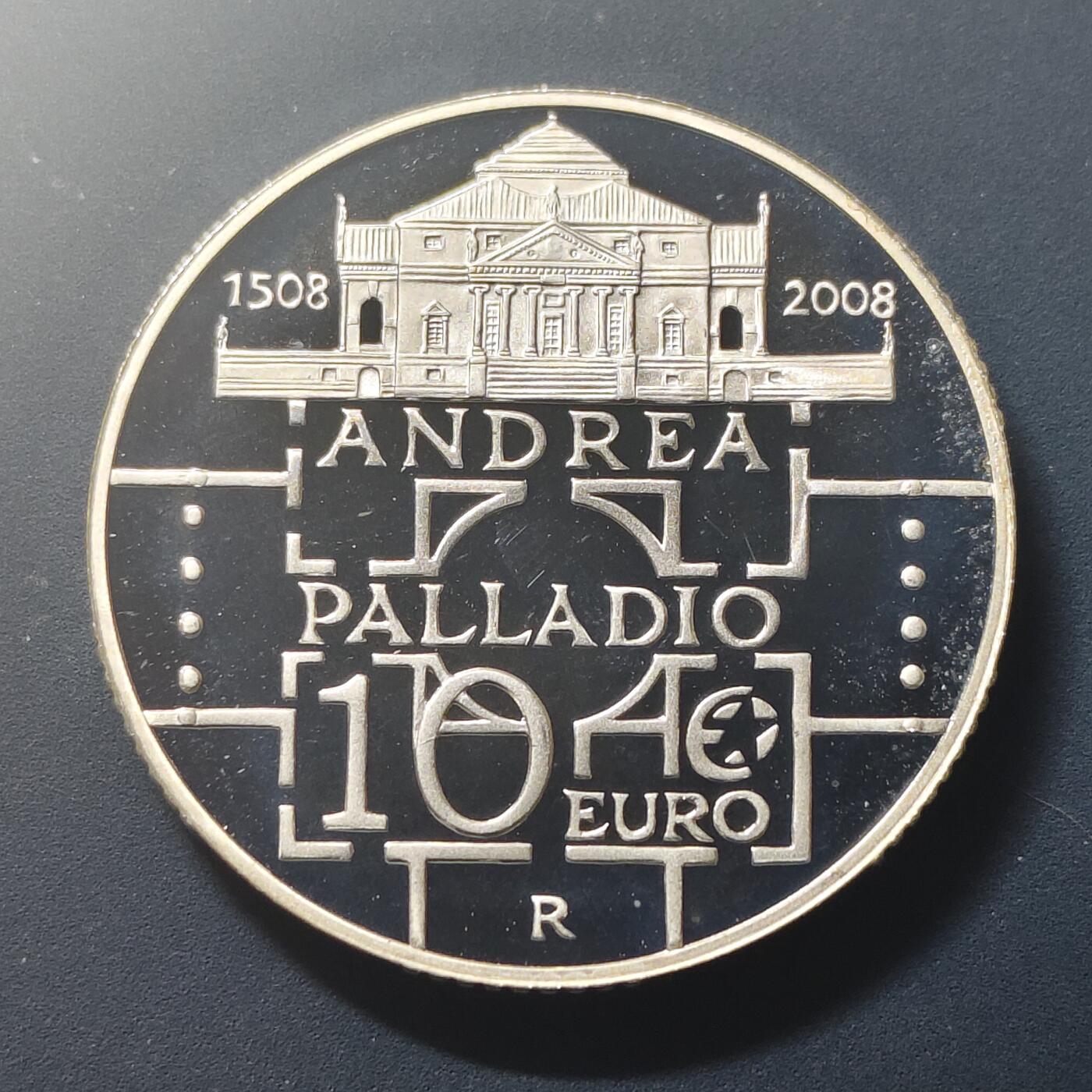 【全场包邮】纯粹捡漏拍511场 意大利2008年10欧元建筑师帕拉迪奥诞生500周年精制纪念银币【34毫米22克92.5%】