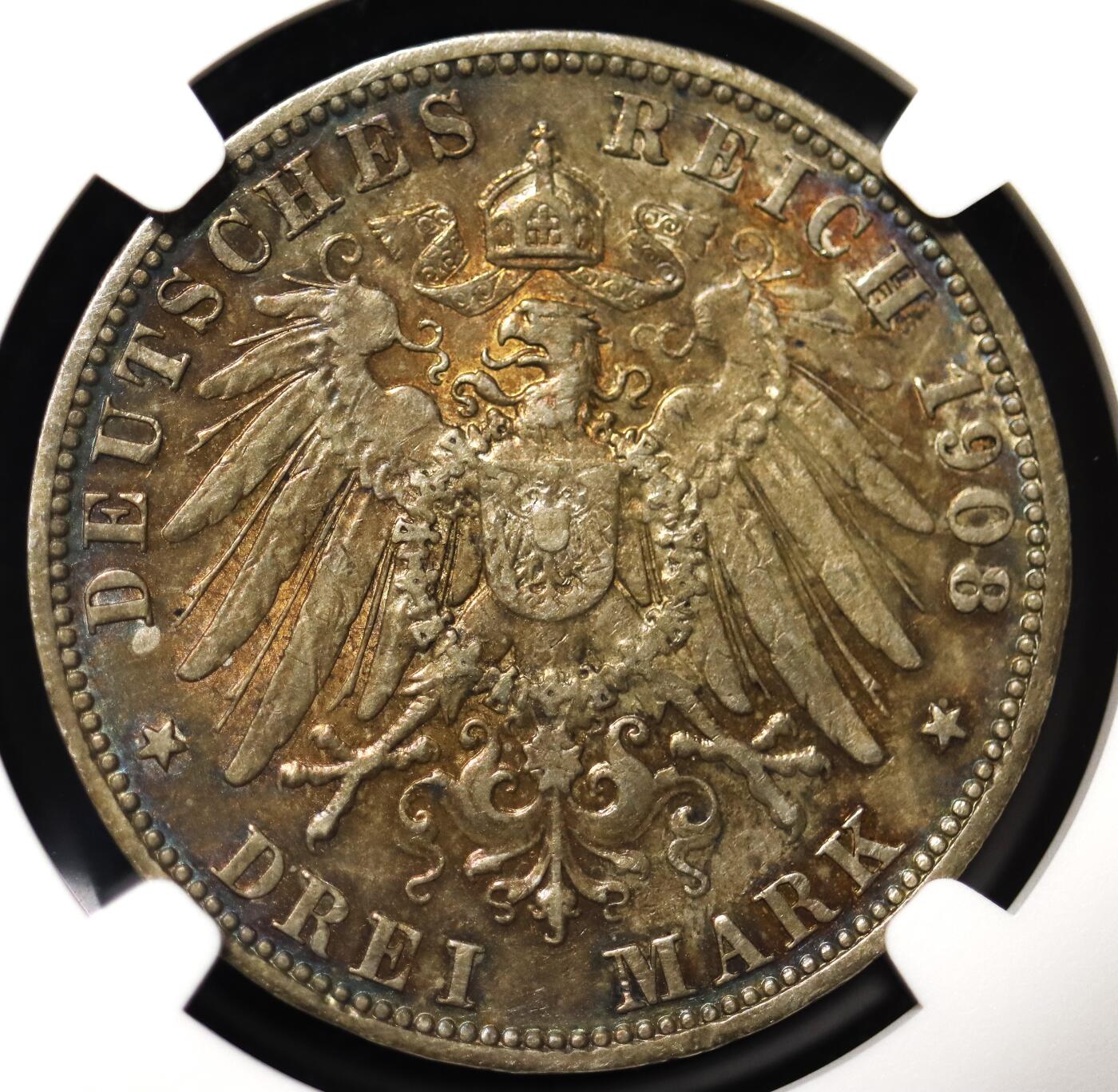 观钱近现代机制币拍卖No.003  普鲁士 1908 年威廉二世 3 马克银币 NGC XF45