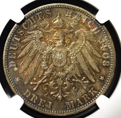 观钱近现代机制币拍卖No.003  普鲁士 1908 年威廉二世 3 马克银币 NGC XF45