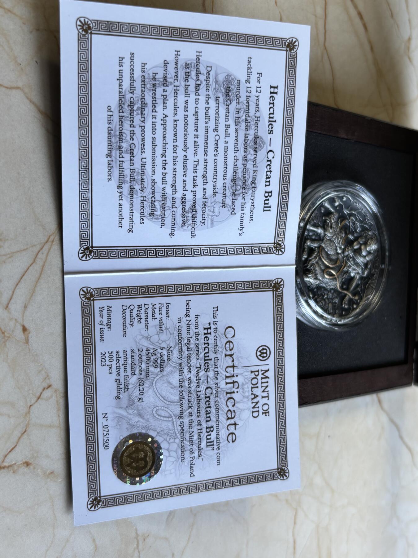 第193期拍卖 纽埃2023年大力神海格力斯驯服克里特公牛仿古2盎司银币，999银，发行500枚