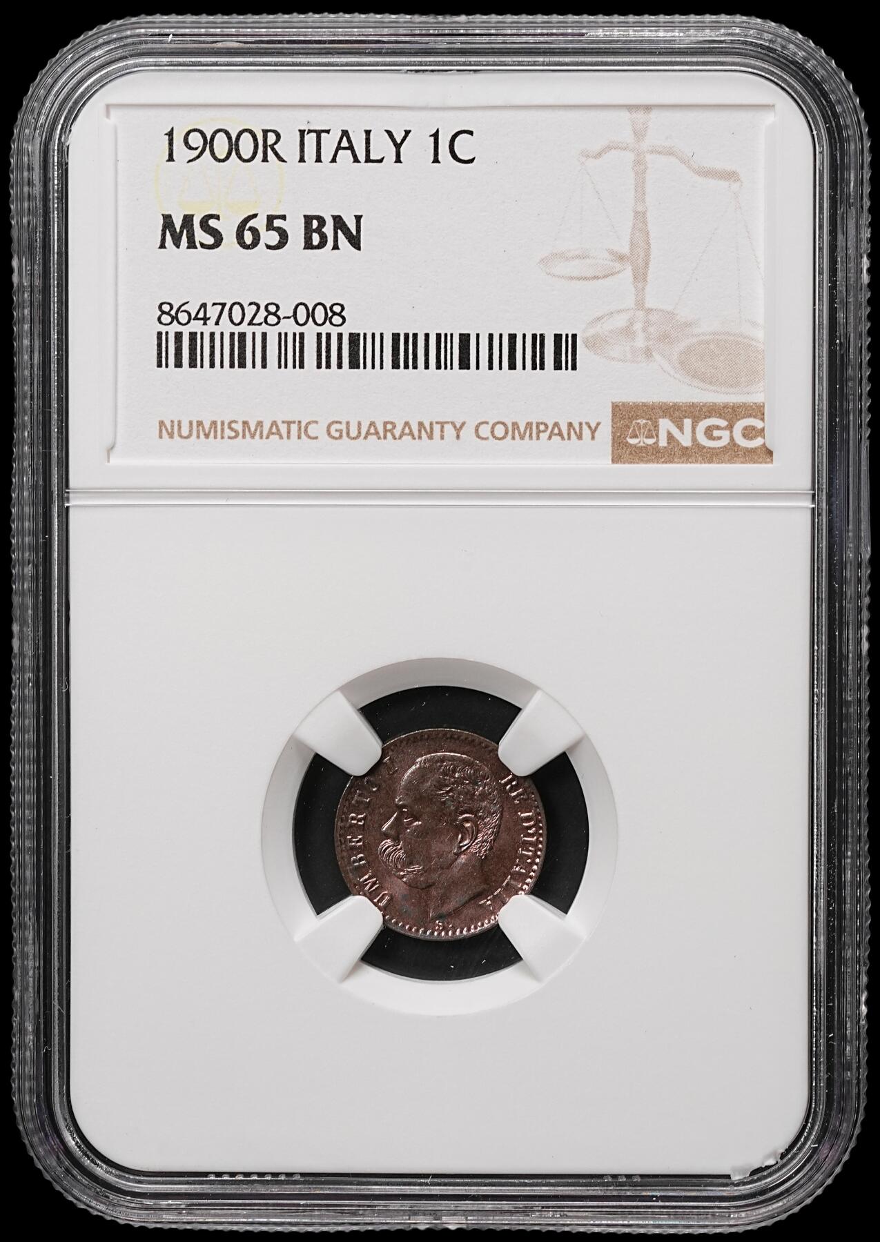 修遠堂世界钱币第106期，请看参拍说明 NGC MS65BN 1900年意大利1分铜币