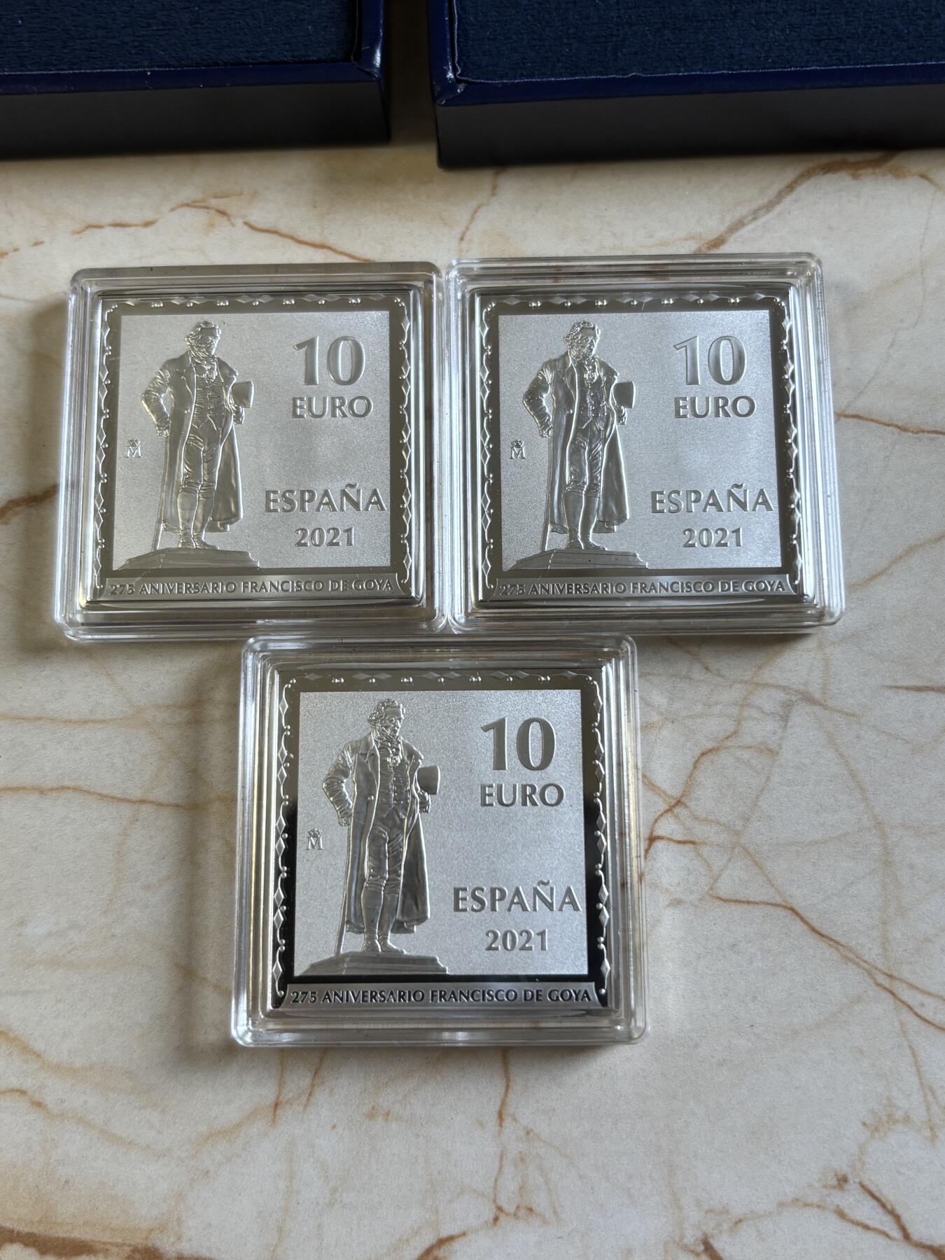 第193期拍卖 西班牙2021年画家戈雅名画系列2组方形彩银币3枚套，925银，1盎司*3，发行5000枚