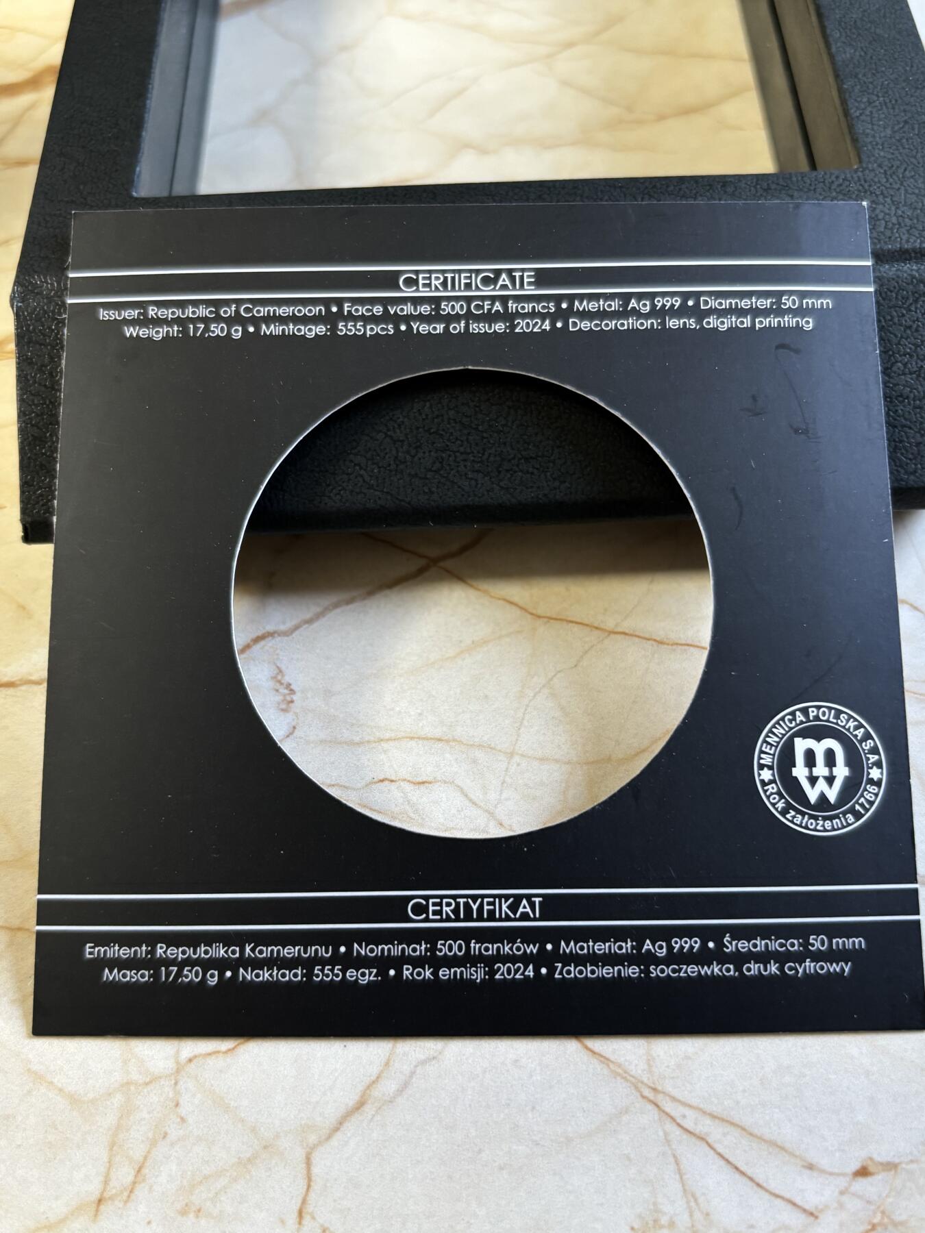 第193期拍卖 喀麦隆2024年自然之美系列金凤蝶彩色精制纪念银币,999银，发行555枚，17.5克，