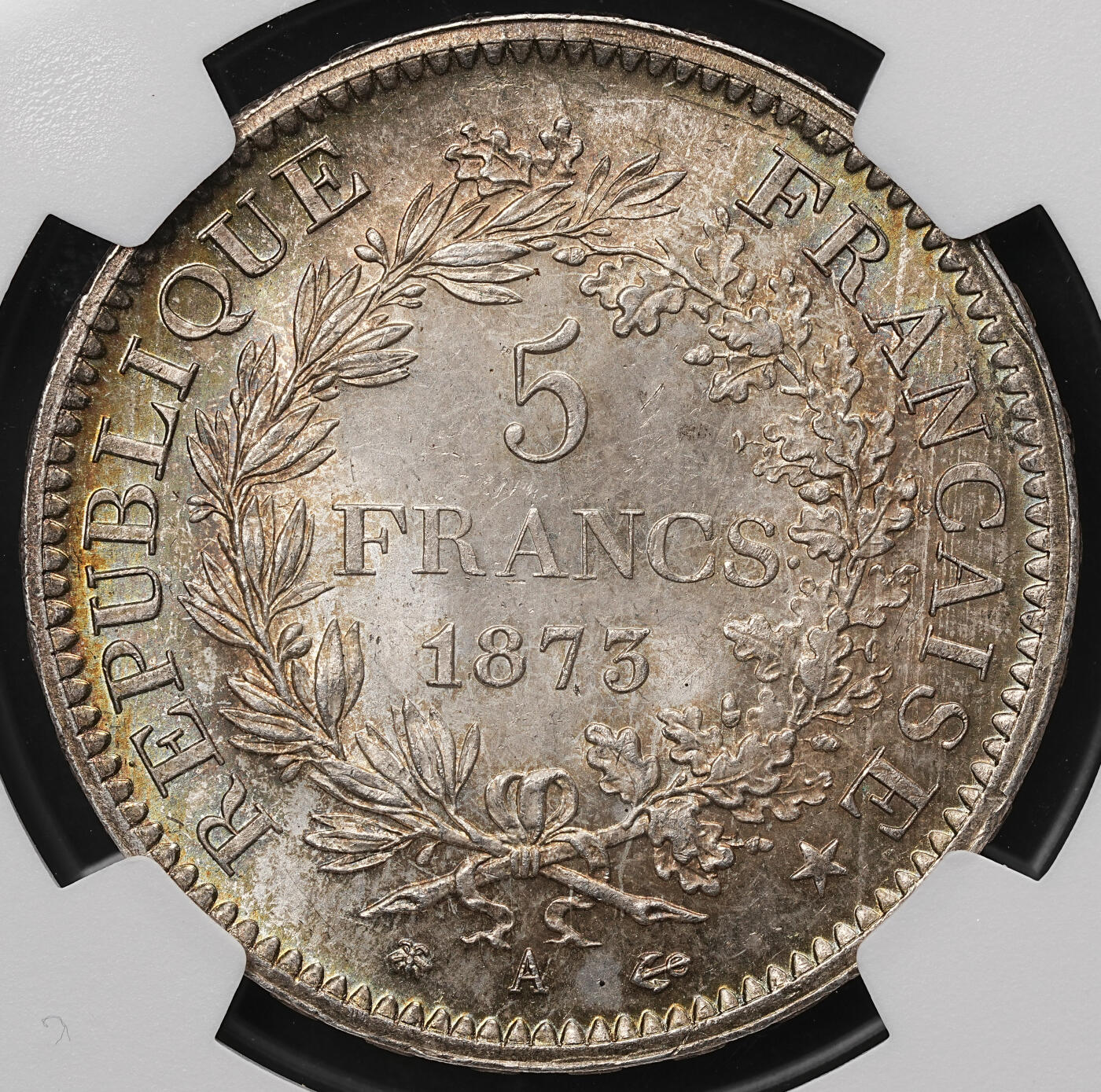 修遠堂世界钱币第106期，请看参拍说明 NGC MS64 1873年法国大力神5法郎大银币，A厂铭，纸袋五彩