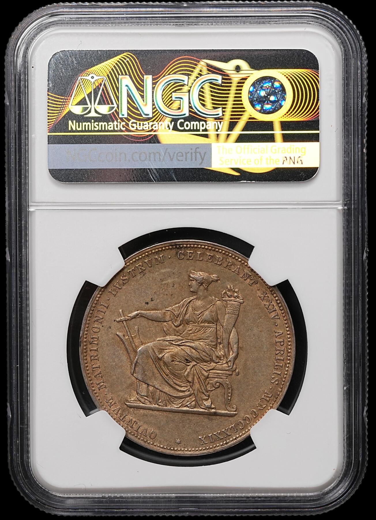 修遠堂世界钱币第106期，请看参拍说明 NGC MS62 1879年奥匈帝国皇帝弗朗茨・约瑟夫一世与皇后伊丽莎白（茜茜公主）结婚25周年2福林银币，黄油彩