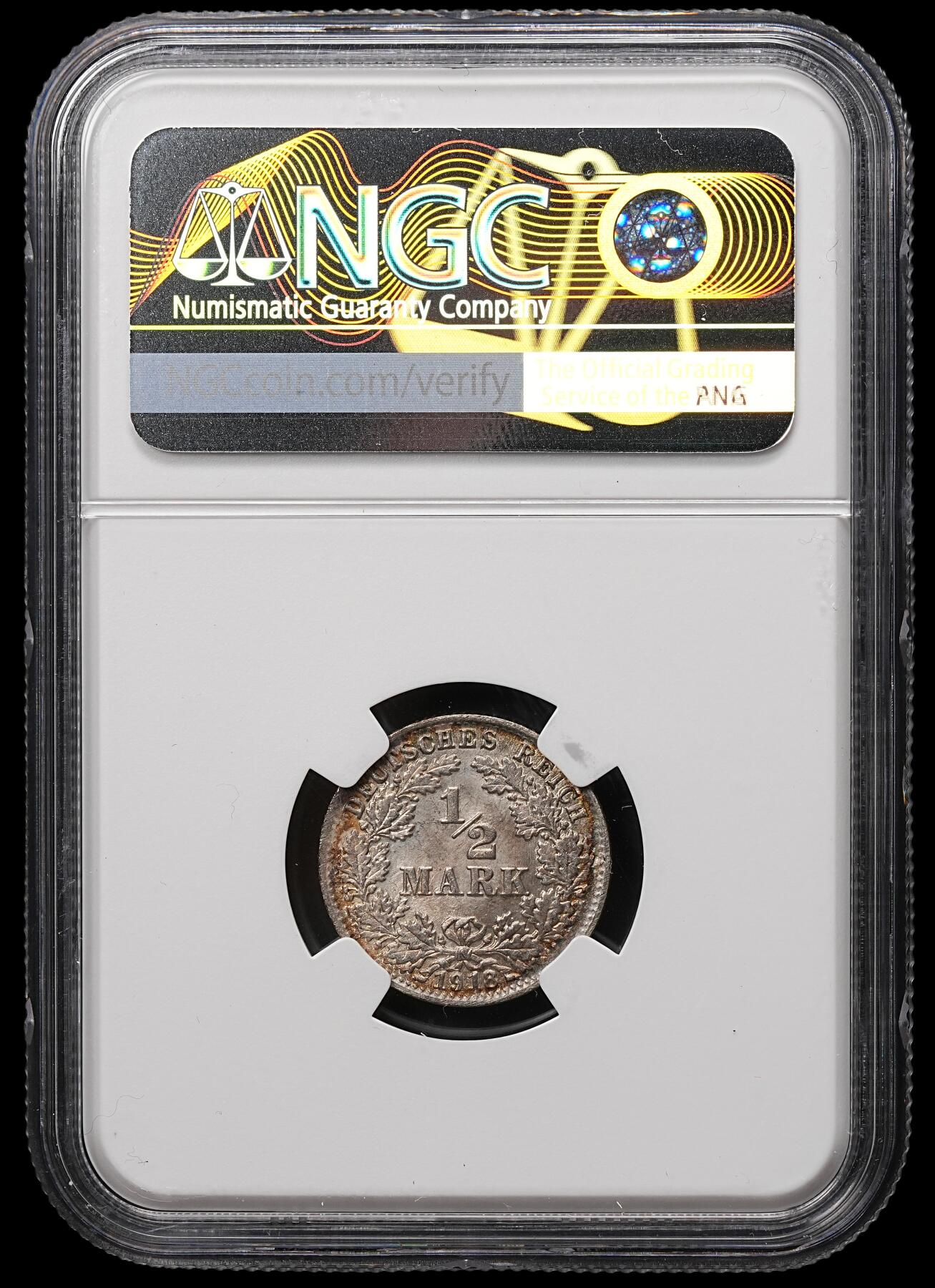 修遠堂世界钱币第106期，请看参拍说明 NGC MS64 1918年德国1/2马克银币 D厂铭