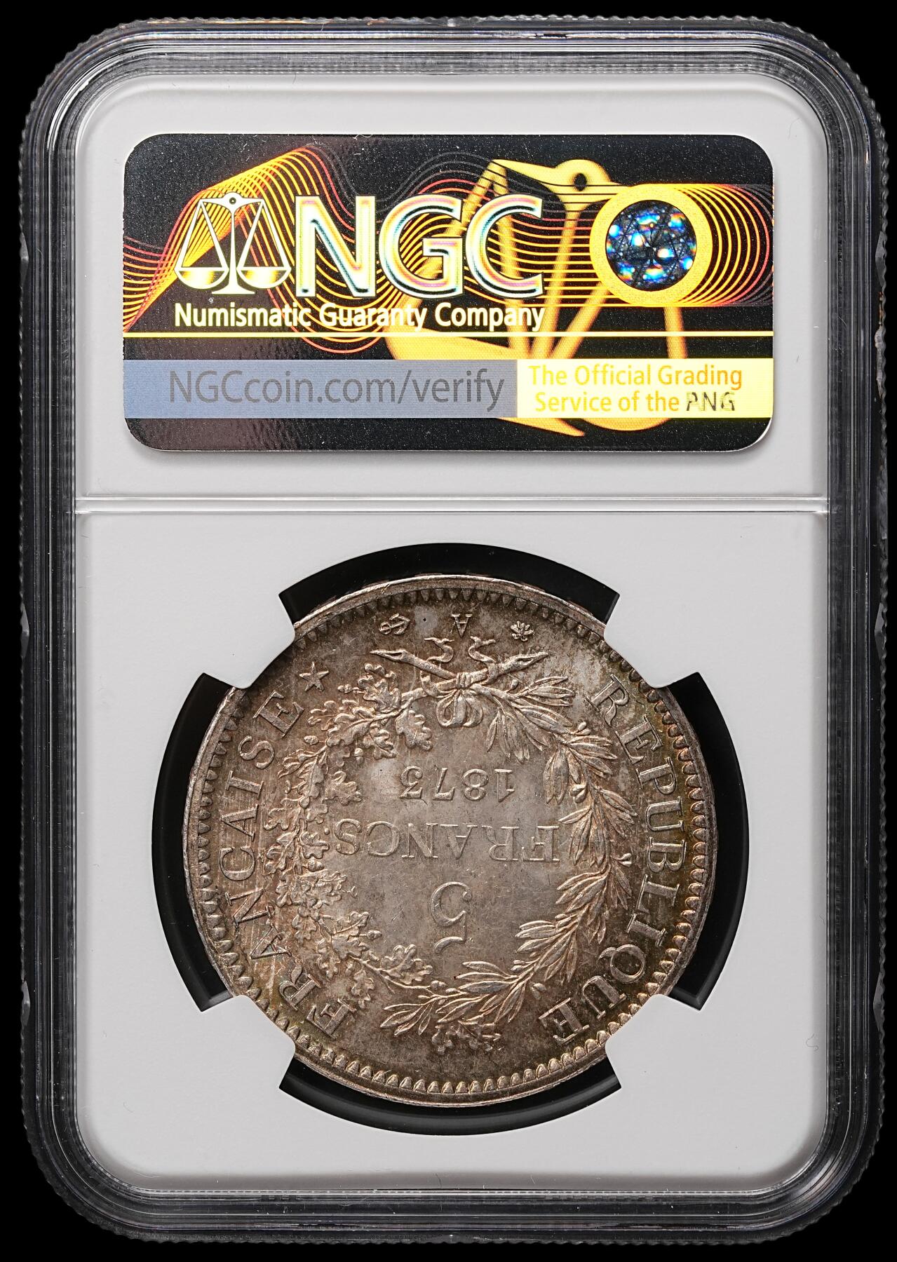 修遠堂世界钱币第106期，请看参拍说明 NGC MS64 1873年法国大力神5法郎大银币，A厂铭，纸袋五彩