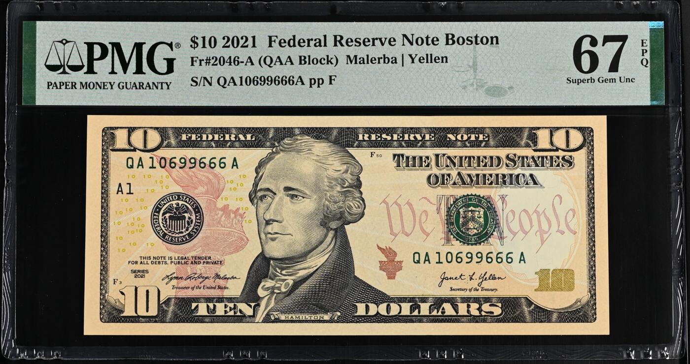 世界靓号纸钞第八十二期 2021年美国A区波士顿10美元 倒置豹子号666 PMG67冠军分 仅三张