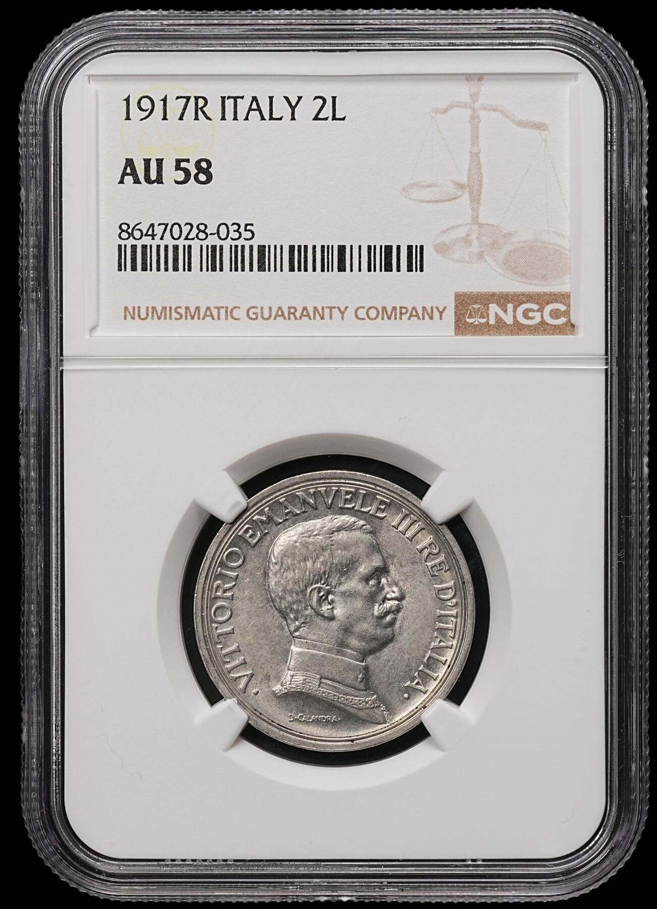 修遠堂世界钱币第106期，请看参拍说明 NGC AU58 1917年意大利马车2里拉银币 较少见年份