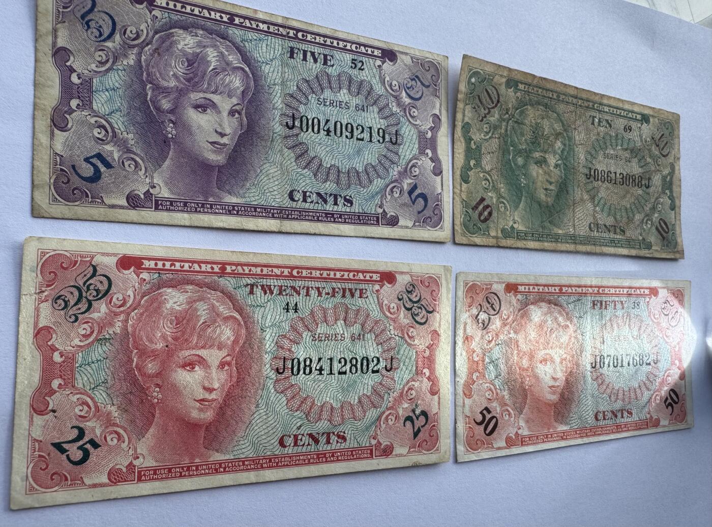 2026第4场（总第231期）：精品测试钞、外钞综合场  美国1965年越战时期5、10、25、50美分军票一套4枚（旧品如图）