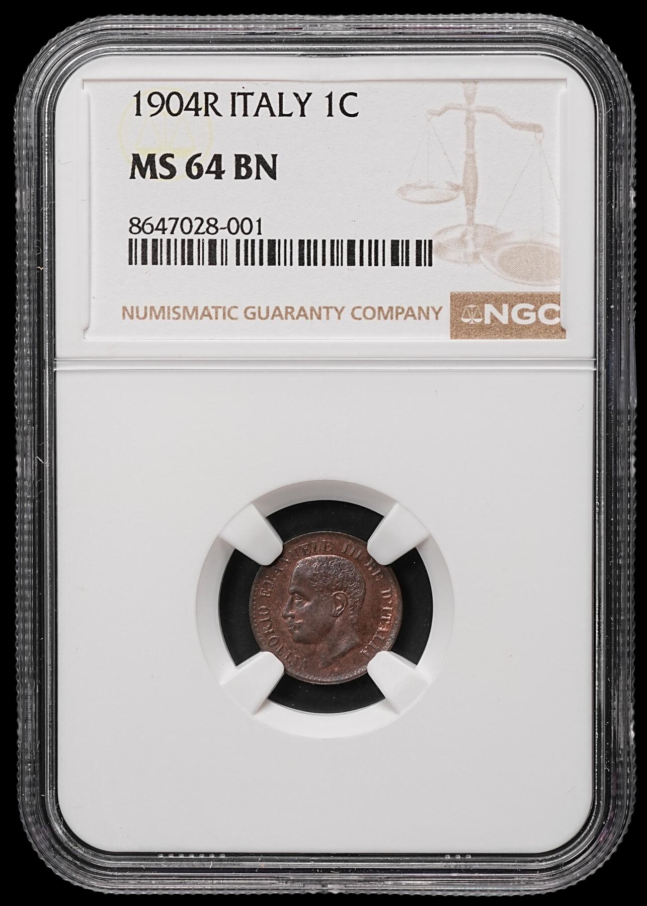 修遠堂世界钱币第106期，请看参拍说明 NGC MS64BN 1904年意大利1分铜币