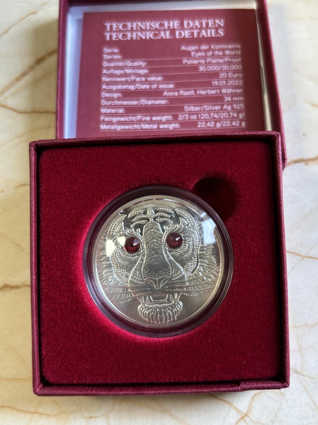 第193期拍卖 奥地利2022年世界之眼3亚洲之虎镶嵌精制纪念银币，925银