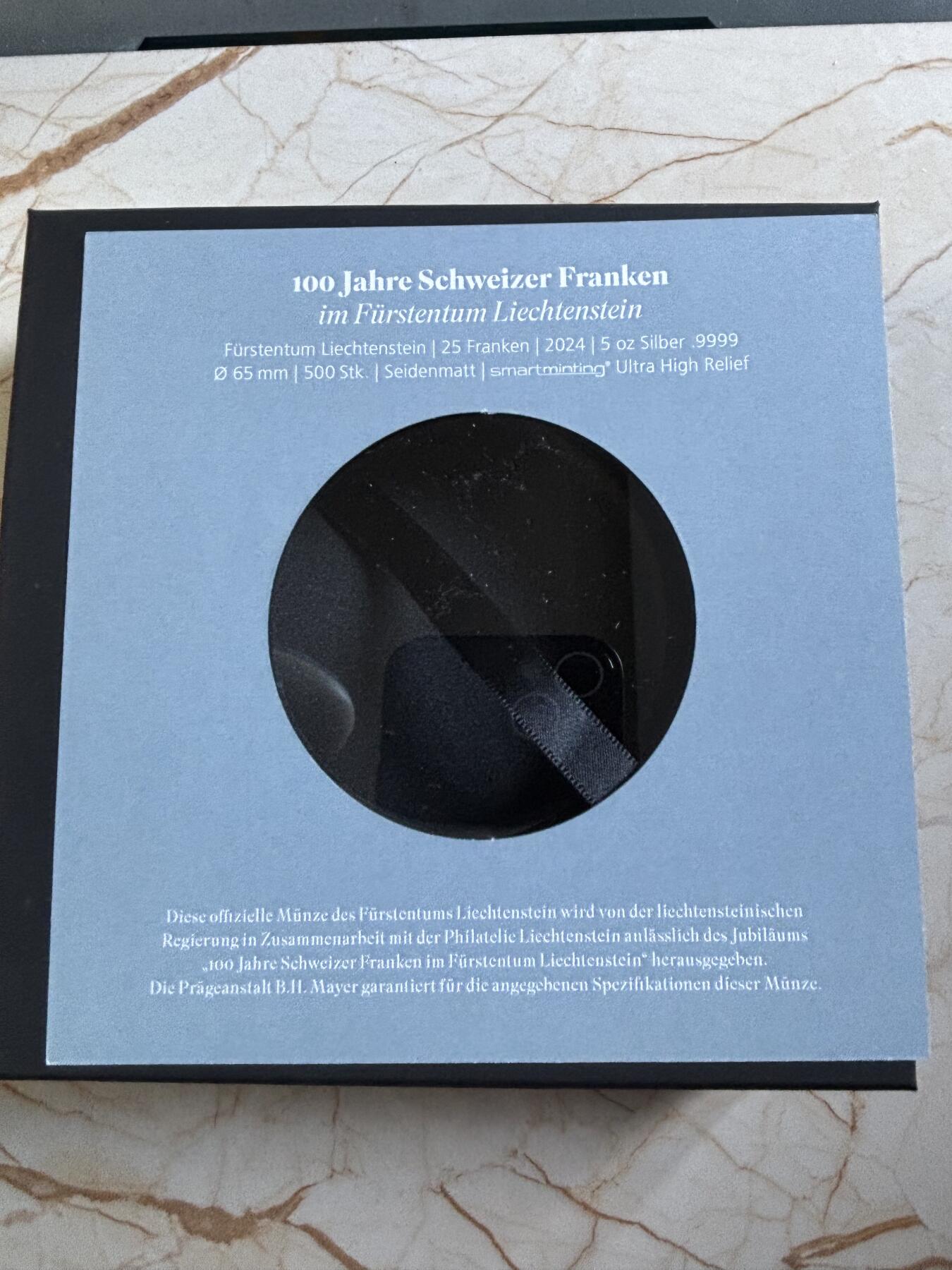 第192期拍卖 列支敦士登2024年莱茵河谷100年瑞士法郎5盎司银币NGC-MS70首，9999银，发行500枚