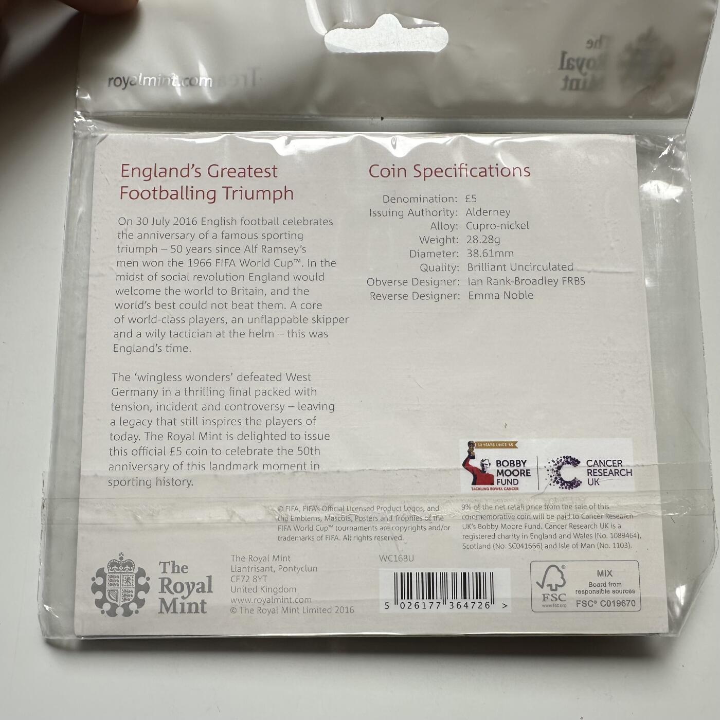 🌹外币初藏🌹🐯2026年第26场  各国纪念币专场 每周二四六晚8️⃣点 接代拍 奥尔德尼2016年英格兰世界杯夺冠50周年5英镑克朗型纪念币 原装卡