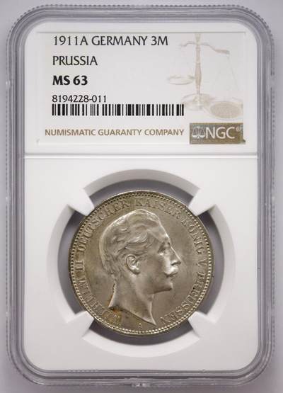 观钱近现代机制币拍卖No.003  - 普鲁士 1911 年威廉二世 3 马克银币 NGC MS63
