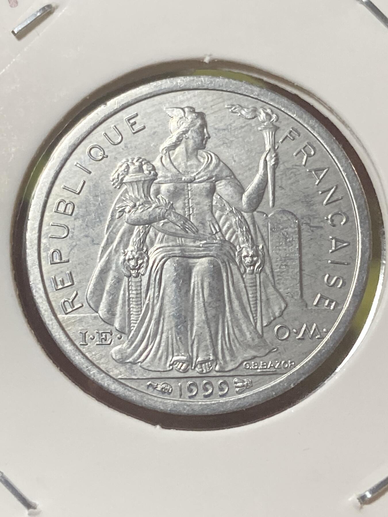 2026年第三十四场(总第二百零三场）外国精品纸夹币场(免佣金) 法属波利尼西亚🇵🇫1999年1法郎(第二套流通硬币，Bee–蜜蜂标)
