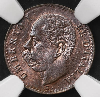 修遠堂世界钱币第106期，请看参拍说明 - NGC MS64BN 1899年意大利1分铜币