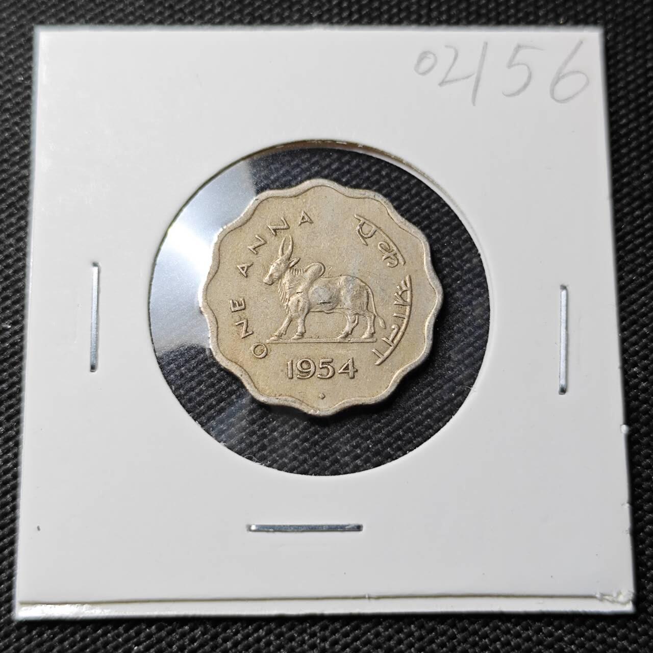 KK钱币收藏小铺   第402期 2月预留时间 周末发货  1954印度1安娜 瘤牛