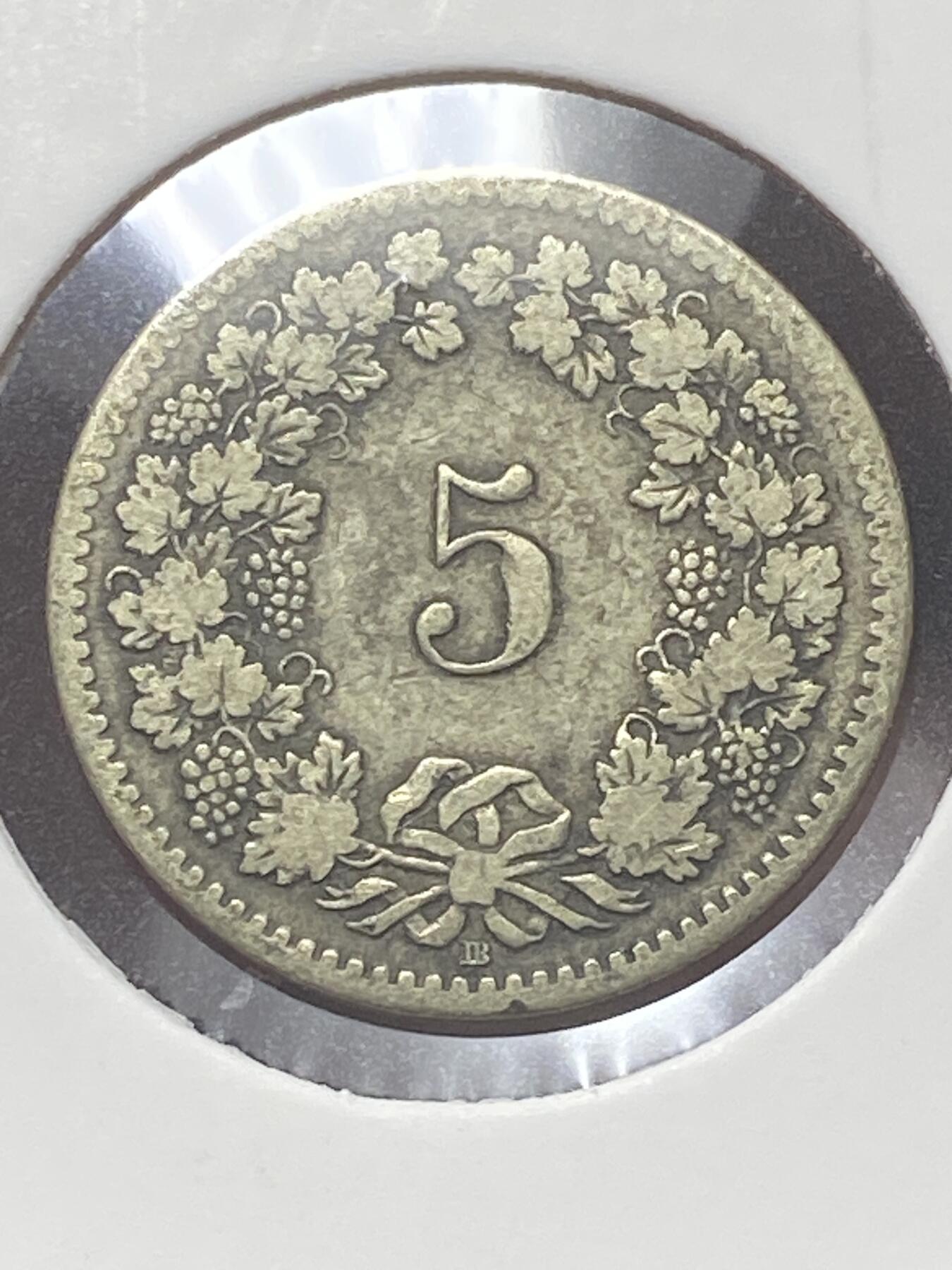 2026年第三十四场(总第二百零三场）外国精品纸夹币场(免佣金) 瑞士🇨🇭1850年5拉彭银币(第一版，首发年，BB标斯特拉斯堡造，Billon银合金)