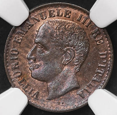 修遠堂世界钱币第106期，请看参拍说明 - NGC MS64BN 1905年意大利1分铜币