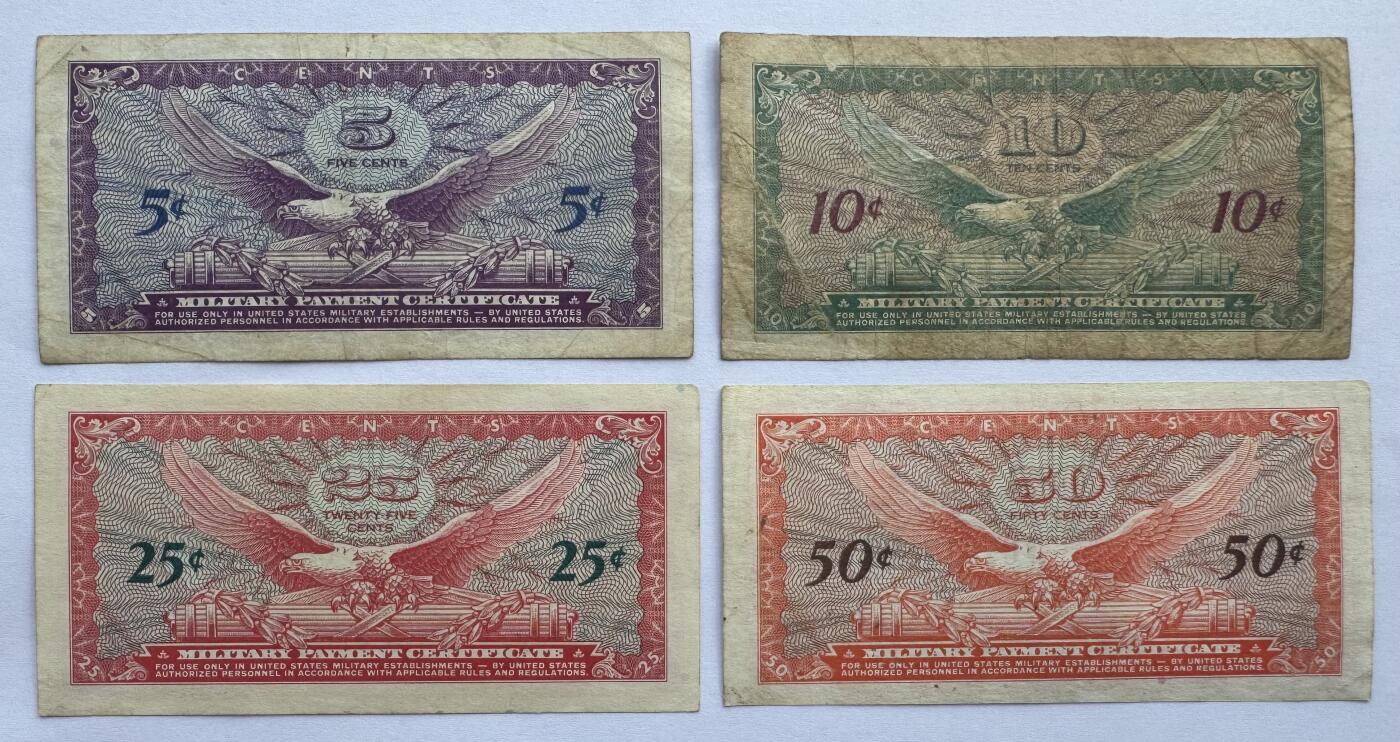 2026第4场（总第231期）：精品测试钞、外钞综合场  美国1965年越战时期5、10、25、50美分军票一套4枚（旧品如图）