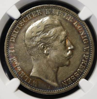观钱近现代机制币拍卖No.003  - 普鲁士 1908 年威廉二世 3 马克银币 NGC XF45