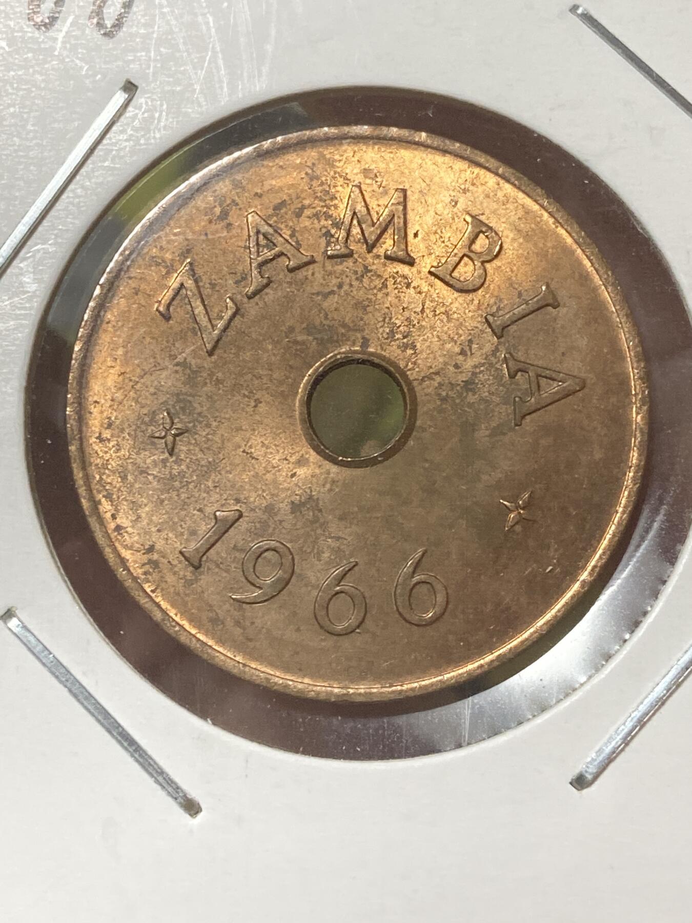 2026年第三十四场(总第二百零三场）外国精品纸夹币场(免佣金) 稀少品种–赞比亚🇿🇲1966年1便士(独立后首套流通硬币最小面值)