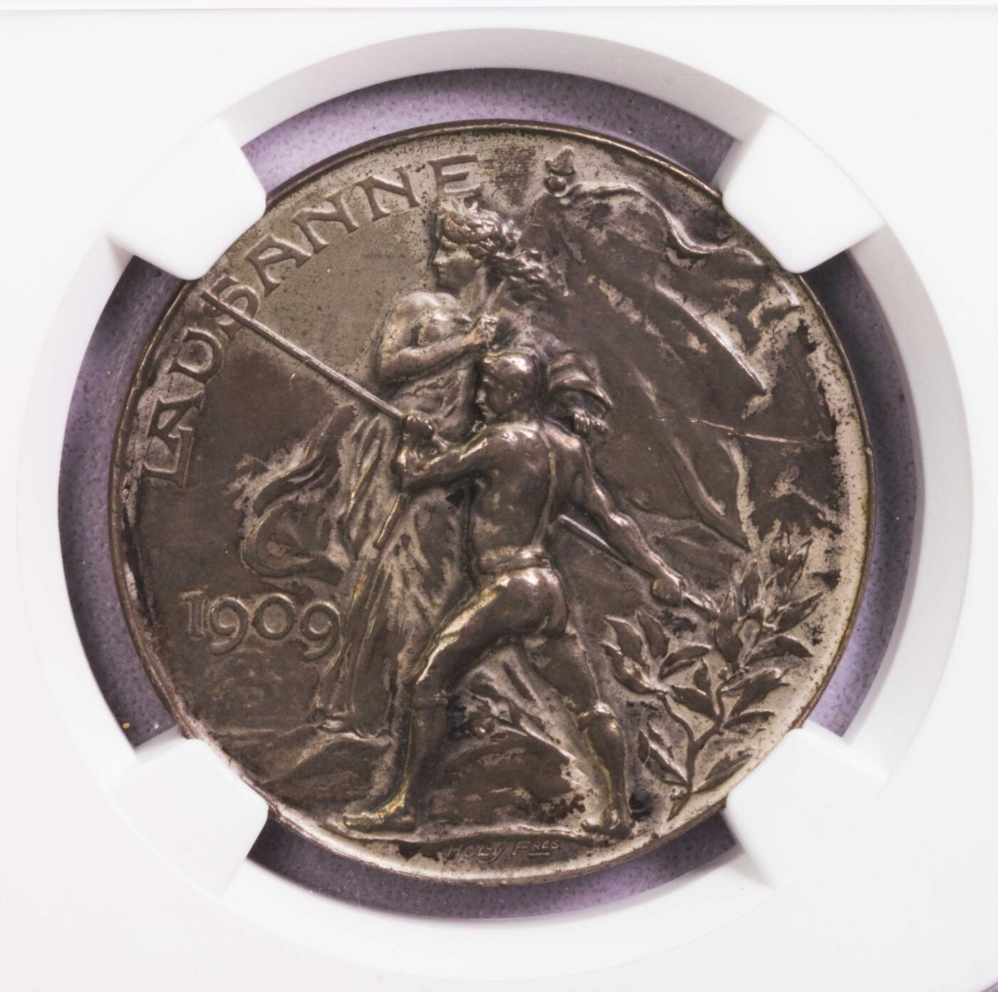 NGC-MS62/MS65BN 1909瑞士洛桑拿旗银章铜章一对