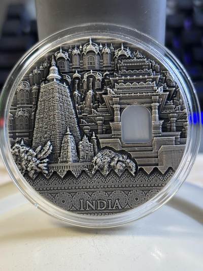 第193期拍卖 - 纽埃2020年古文明系列5印度文明镶玛瑙纪念银币，999银，发行500枚
