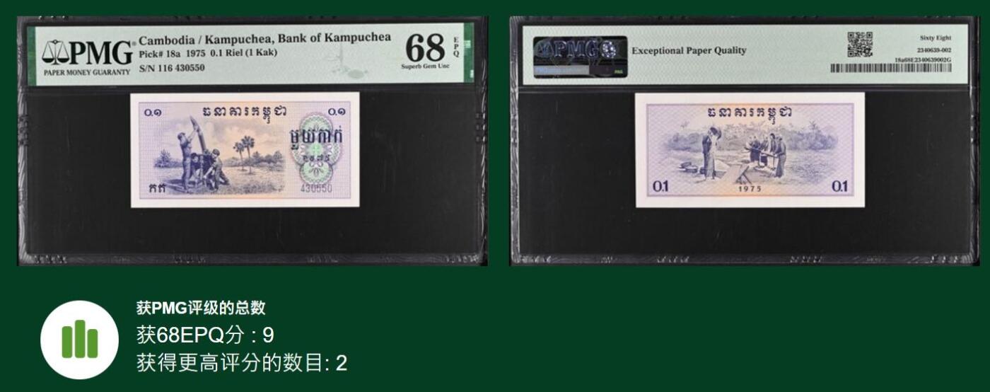 2026第4场（总第231期）：精品测试钞、外钞综合场  红色高棉 柬埔寨1975年版0.1瑞尔（PMG68亚军分）