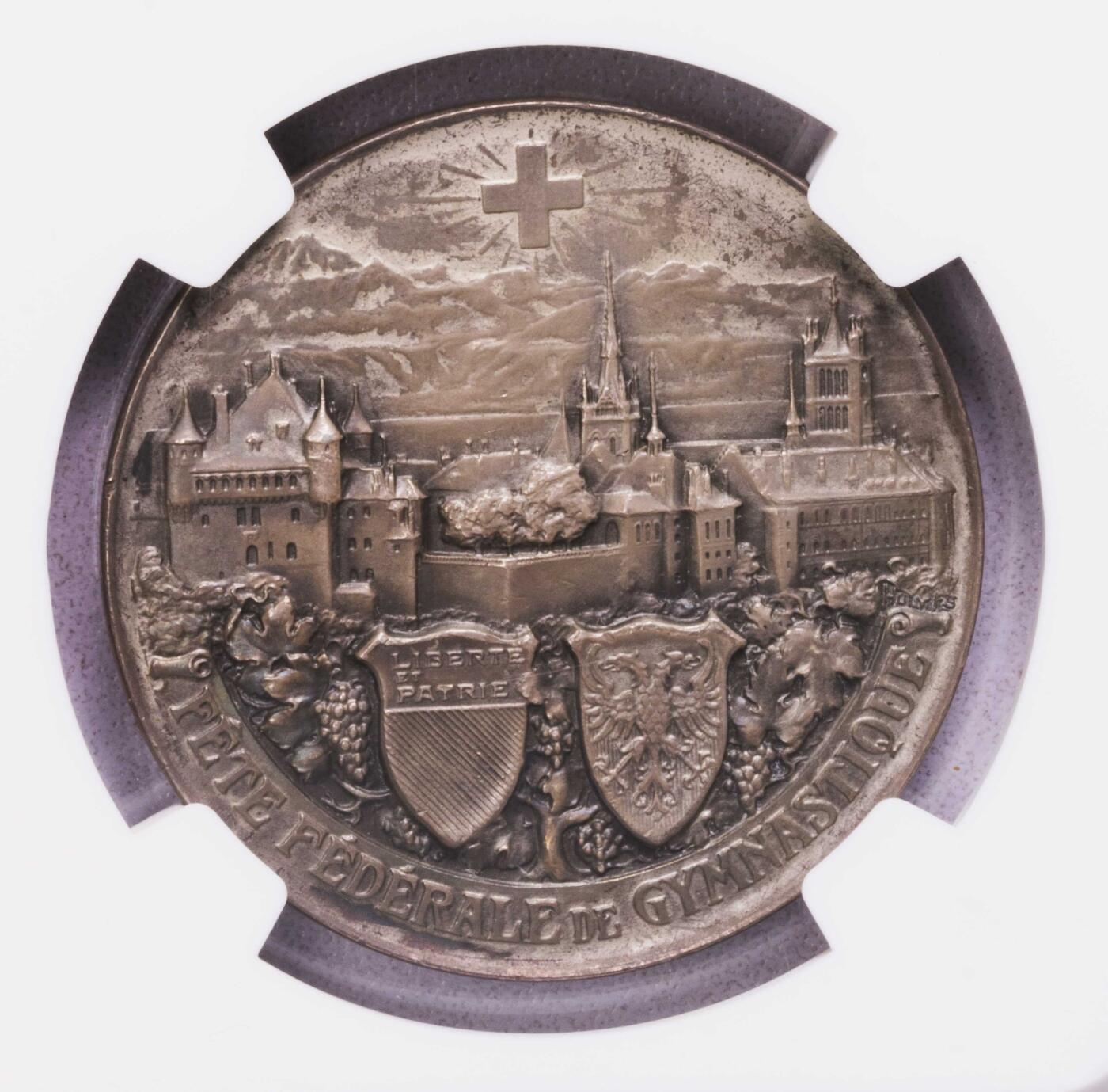 NGC-MS62/MS65BN 1909瑞士洛桑拿旗银章铜章一对