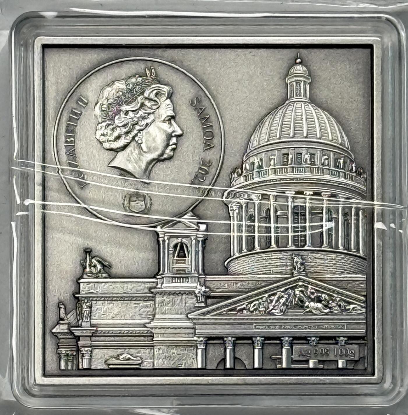 S&S Numismatic世界钱币-拍卖 第121期  萨摩亚2022年 圣伊萨大教堂（俄罗斯）10元3D阴雕仿古方形银币 100克999银  发行量：999枚 盒证齐全