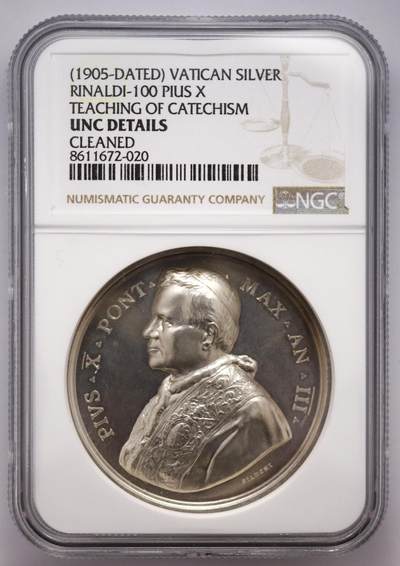 观钱近现代机制币拍卖No.003  - 梵蒂冈 1905 年庇护十世（Pius X）“教义教导”银质纪念章 NGC UNC92