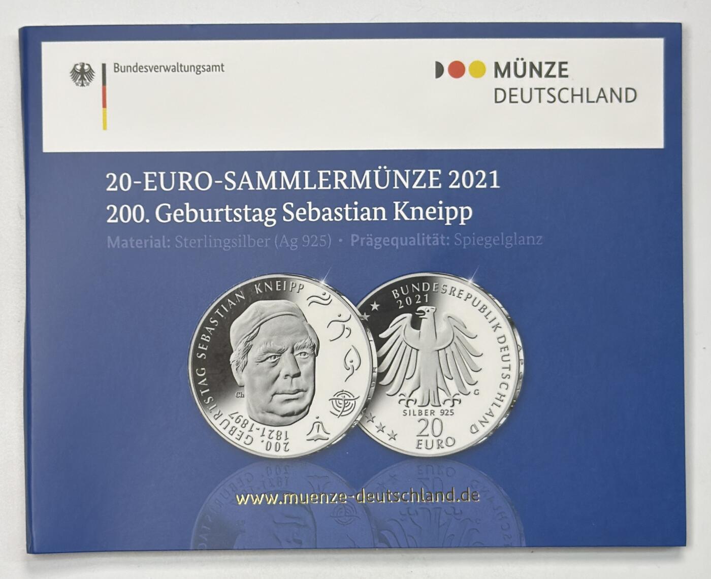 S&S Numismatic世界钱币-拍卖 第121期  德国2021年 塞巴斯蒂安·克奈普诞辰200周年 20欧元精制纪念银币 官方卡币 18克925银