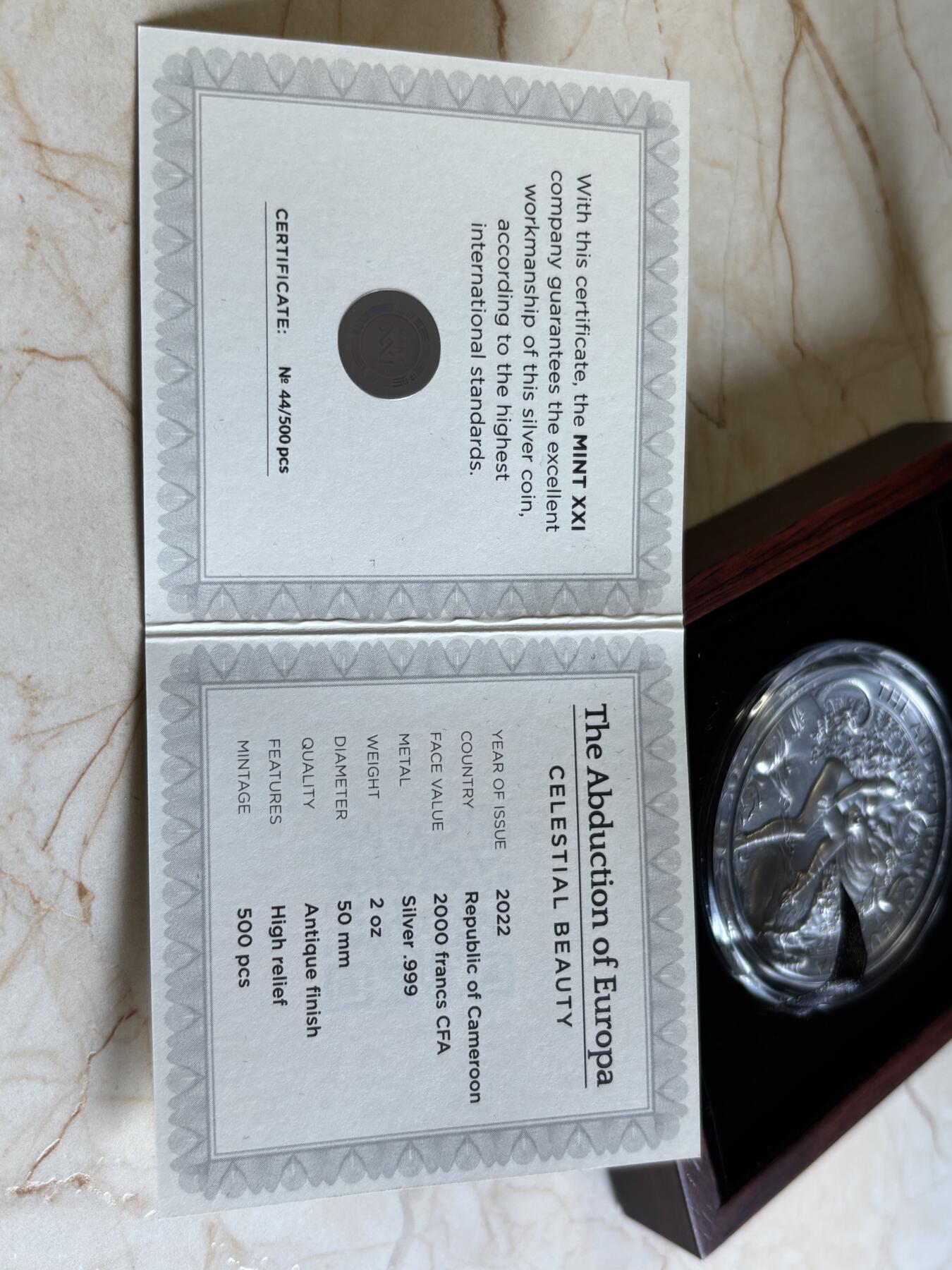 第193期拍卖 喀麦隆2022年国色天香系列4欧罗巴女神2盎司银币，999银，2盎司，发行500枚