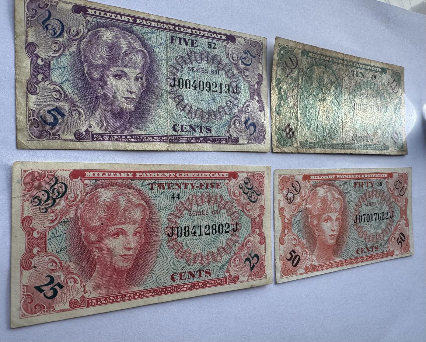 2026第4场（总第231期）：精品测试钞、外钞综合场  美国1965年越战时期5、10、25、50美分军票一套4枚（旧品如图）