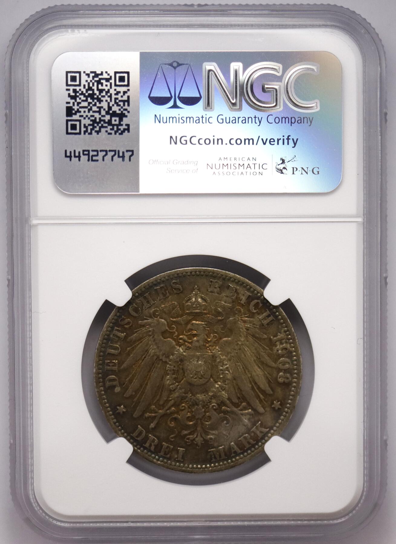 观钱近现代机制币拍卖No.003  普鲁士 1908 年威廉二世 3 马克银币 NGC XF45