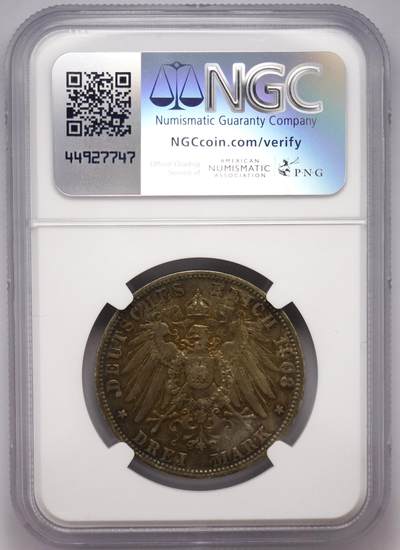 观钱近现代机制币拍卖No.003  普鲁士 1908 年威廉二世 3 马克银币 NGC XF45