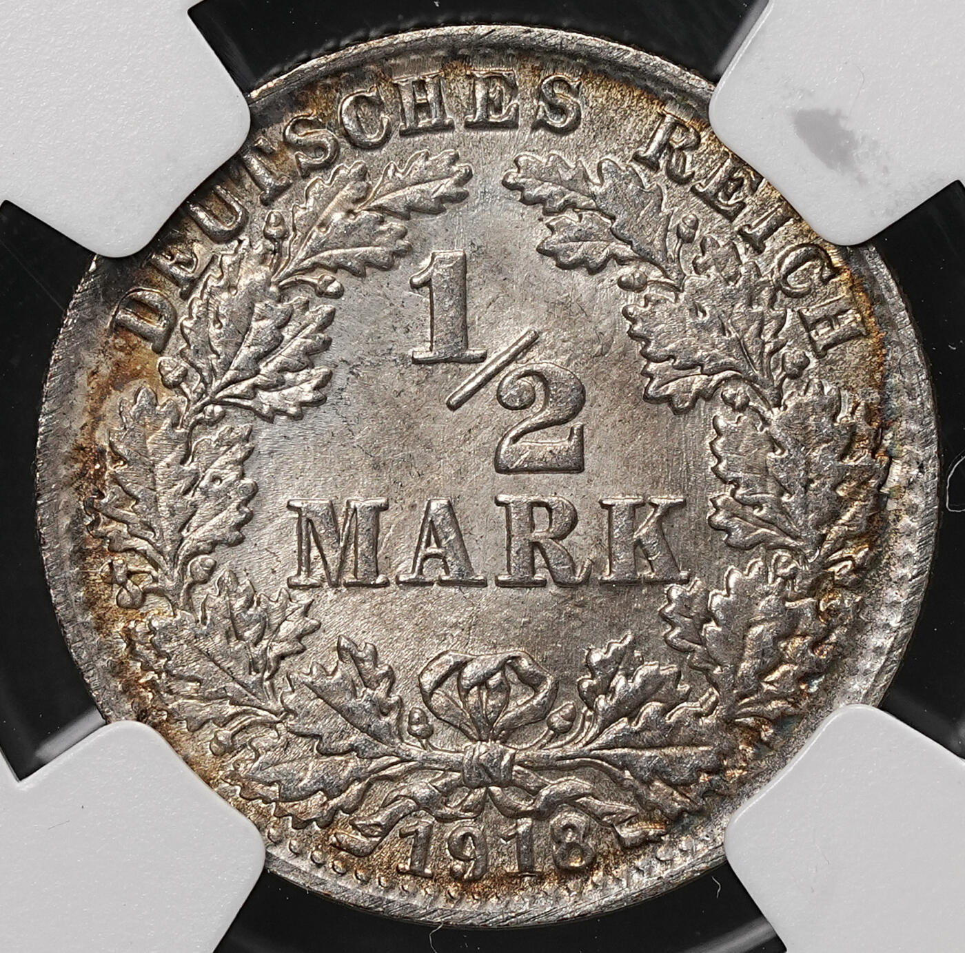 修遠堂世界钱币第106期，请看参拍说明 NGC MS64 1918年德国1/2马克银币 D厂铭