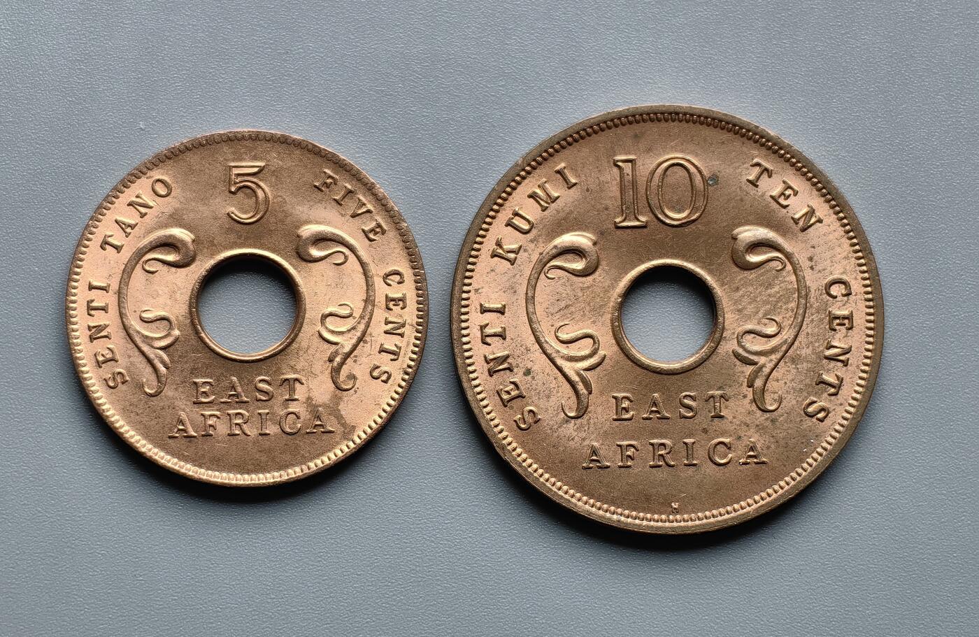 《崇甫堂》—外币小精品专场⑨ 英属东非1964年10C/5C铜币AU一组 KM#39/40