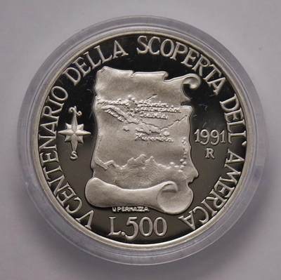 观钱近现代机制币拍卖No.003  意大利 1991 年 “发现美洲 500 周年” 500 里拉纪念银币