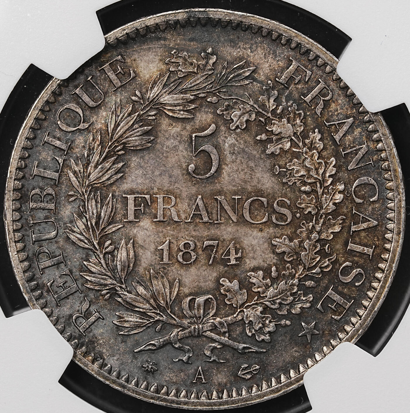修遠堂世界钱币第106期，请看参拍说明 NGC MS62 1874年法国大力神5法郎大银币，A厂铭，五彩