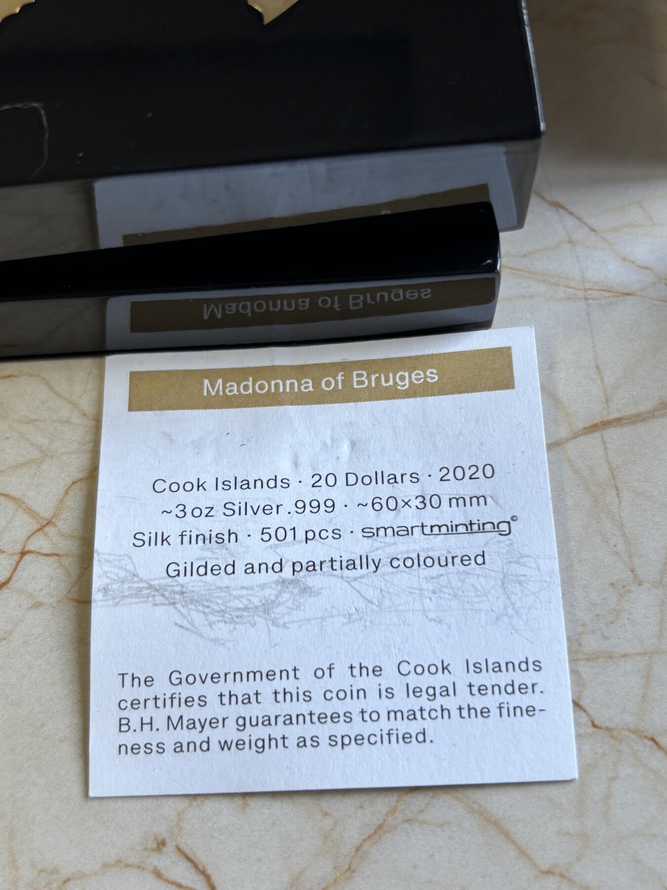 第193期拍卖 库克2020年圣母麦当娜和圣子3盎司立体镀金银币，999银，发行501枚