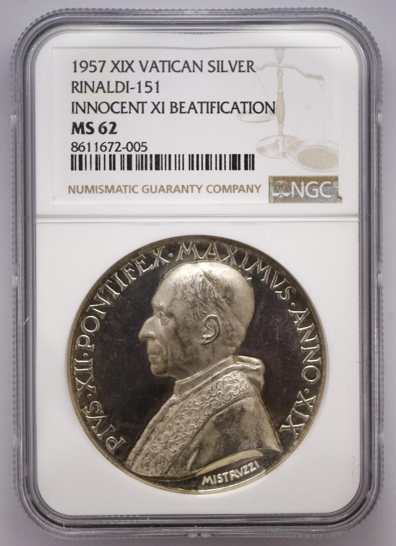 观钱近现代机制币拍卖No.003  梵蒂冈 1957 年教皇英诺森十一世（Innocent XI）“英诺森十一世宣福” 银质纪念章 NGC MS62