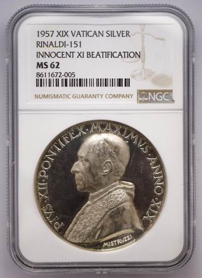 观钱近现代机制币拍卖No.003  - 梵蒂冈 1957 年教皇英诺森十一世（Innocent XI）“英诺森十一世宣福” 银质纪念章 NGC MS62