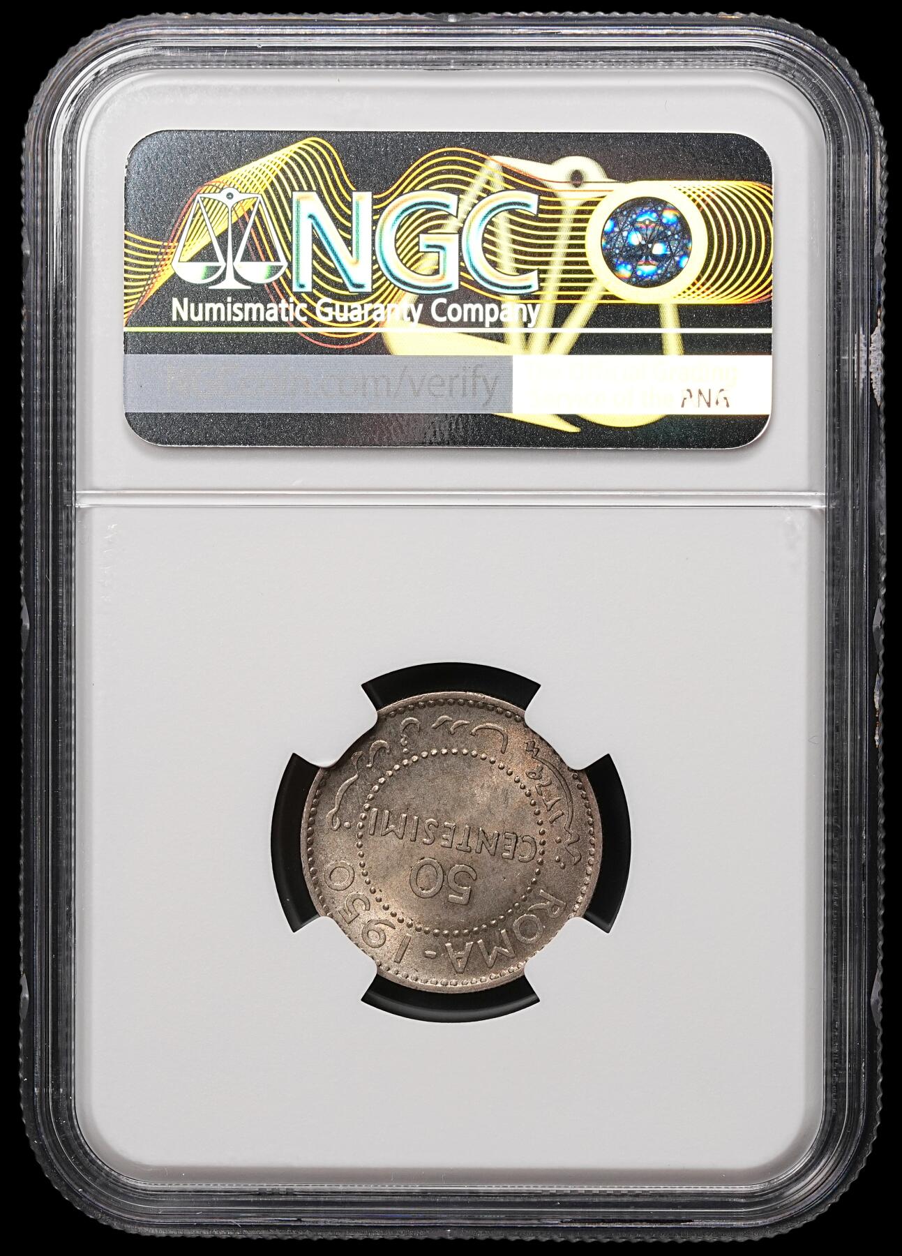 修遠堂世界钱币第106期，请看参拍说明 NGC MS65 1950年意属索马里50分银币